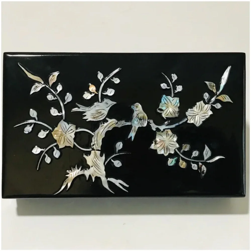 Vintage Asian Black Lacquer Inlay Mother of Pearl Bird Scene Jewelry Box